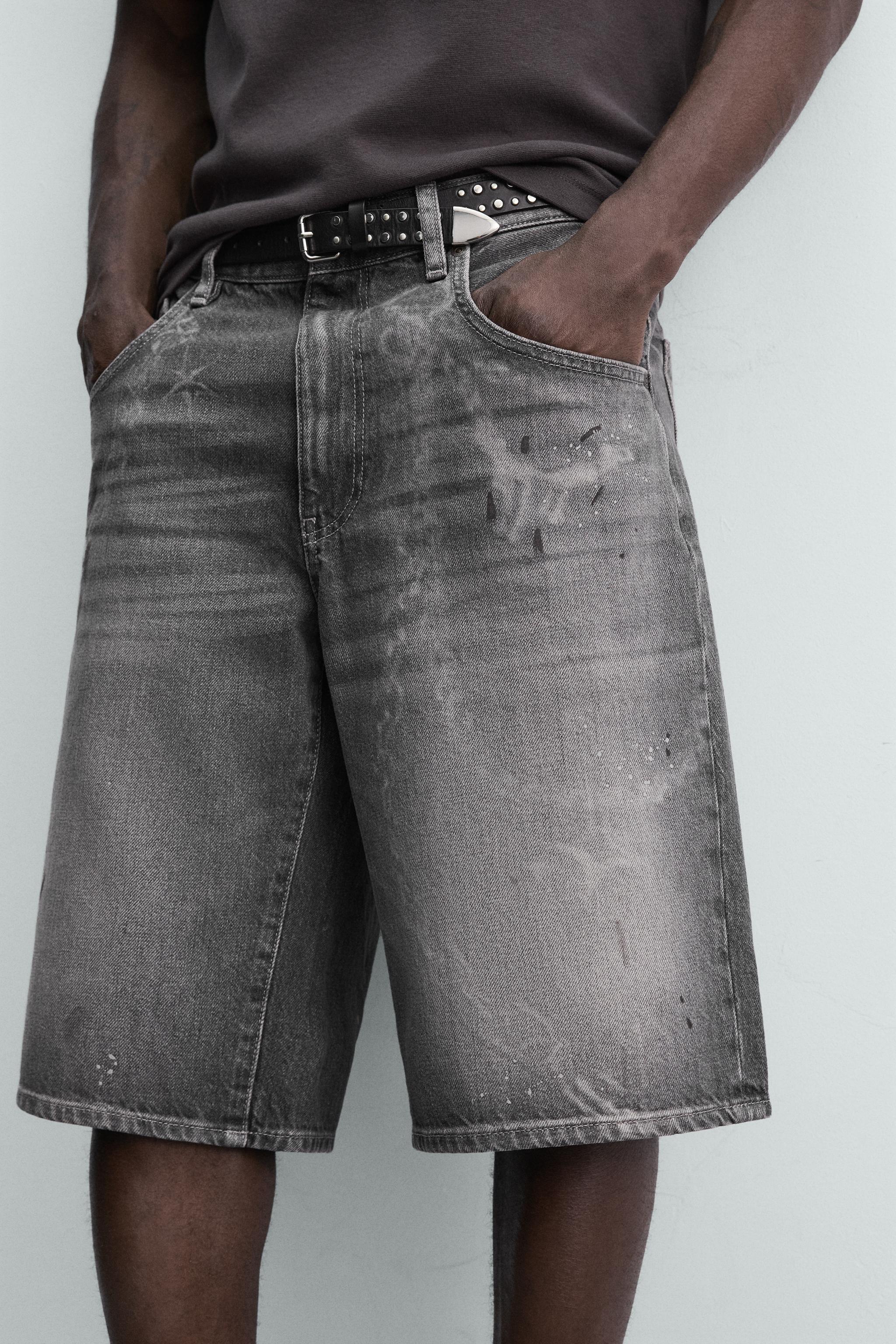 CHAIN EFFECT WASHED DENIM SHORTS